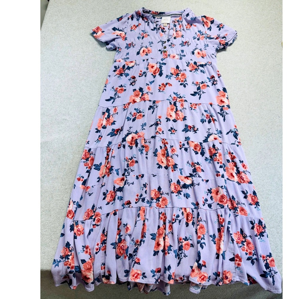 Knox‎ Rose Maxi Dress Womens S Lavender Purple Floral Tiered Boho Smocked Flowy
